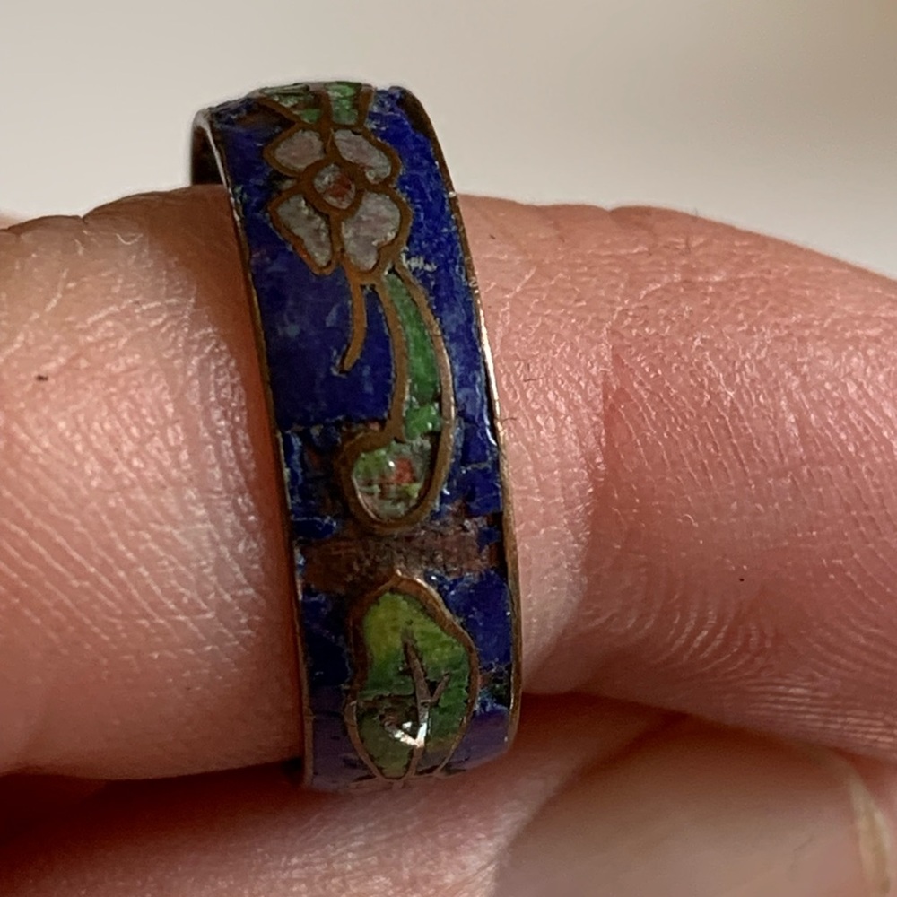 Cloisonné Ring Colored Enamel Inlay Flowers Vintage Size 6 - Picture 7 of 7